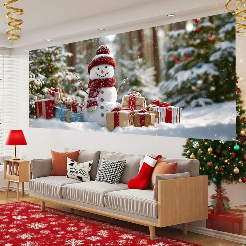 THISFIND Christmas Snowman Garage Door Banner – Holiday Outdoor Decoration with Gifts, Snowy Trees & Festive Charm - Image 4